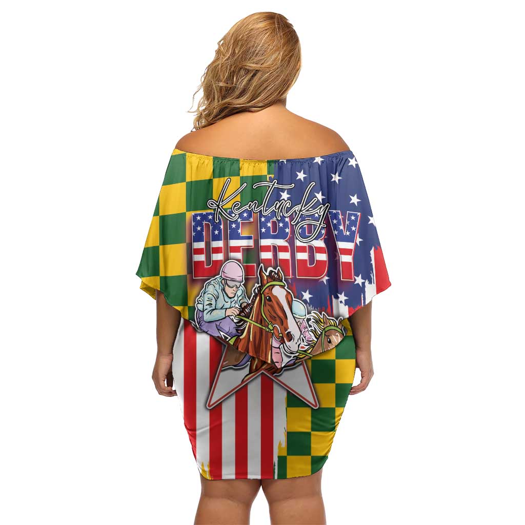 Kentucky Horses Racing Off Shoulder Short Dress US Flag Grunge and Check Pattern Green Color