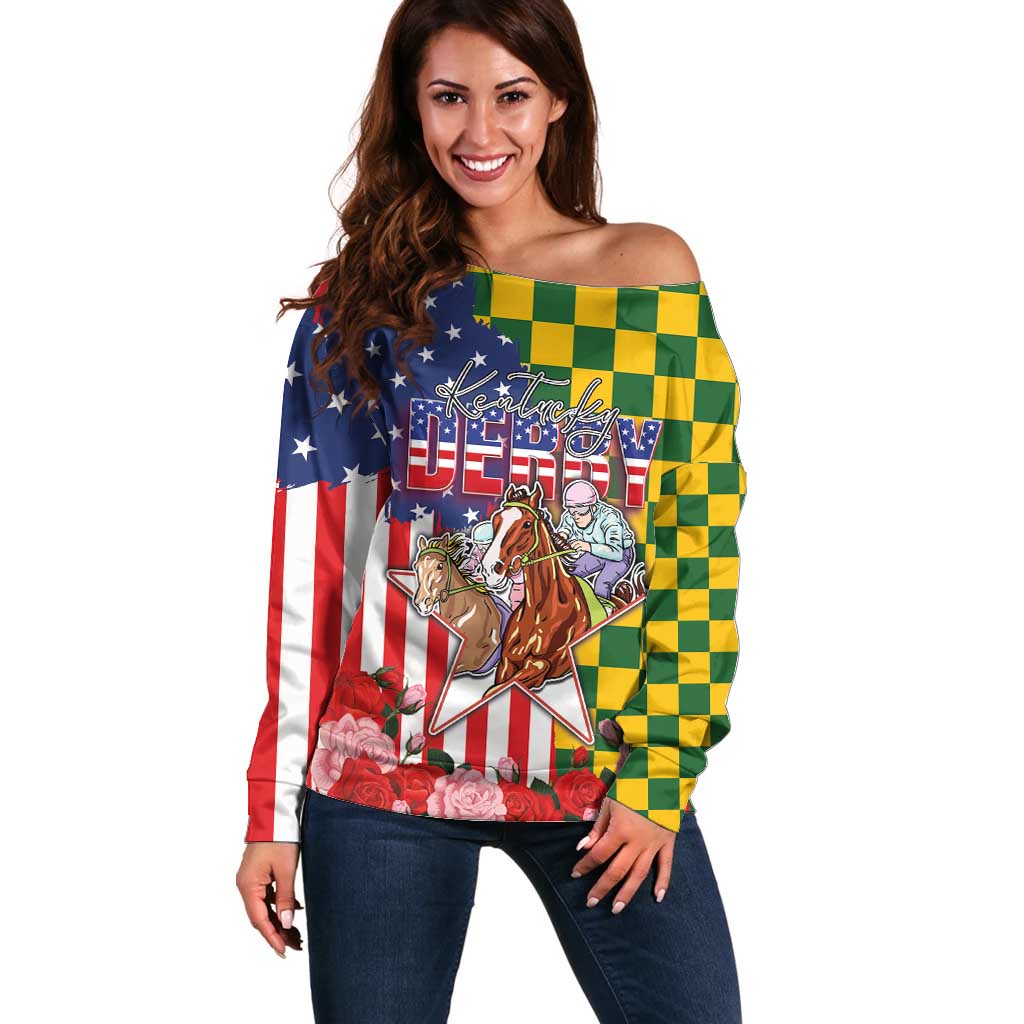 Kentucky Horses Racing Off Shoulder Sweater US Flag Grunge and Check Pattern Green Color