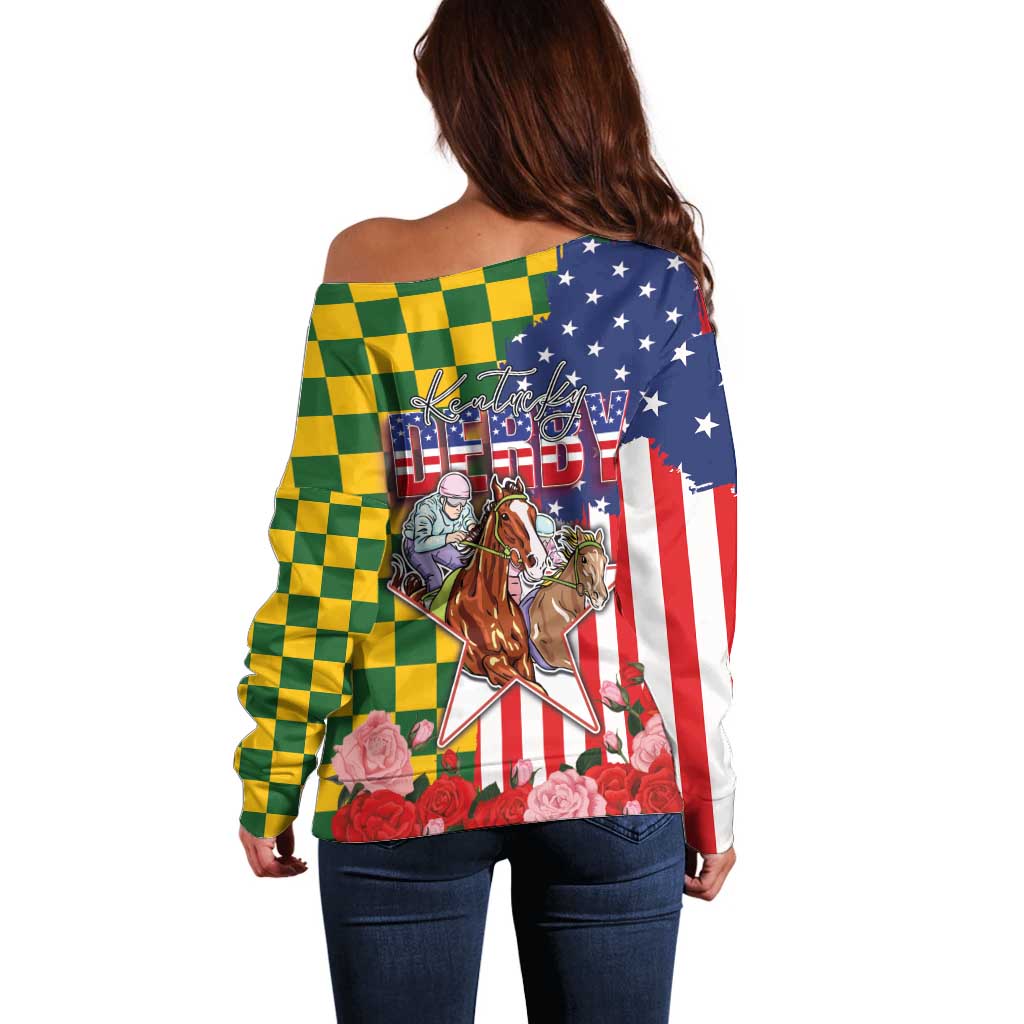 Kentucky Horses Racing Off Shoulder Sweater US Flag Grunge and Check Pattern Green Color