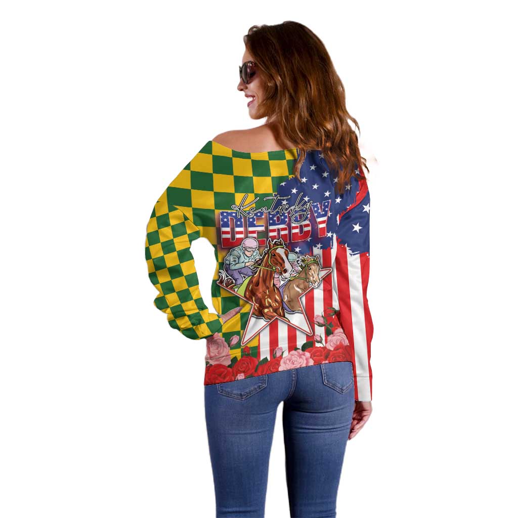 Kentucky Horses Racing Off Shoulder Sweater US Flag Grunge and Check Pattern Green Color