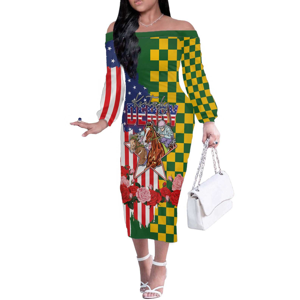 Kentucky Horses Racing Off The Shoulder Long Sleeve Dress US Flag Grunge and Check Pattern Green Color