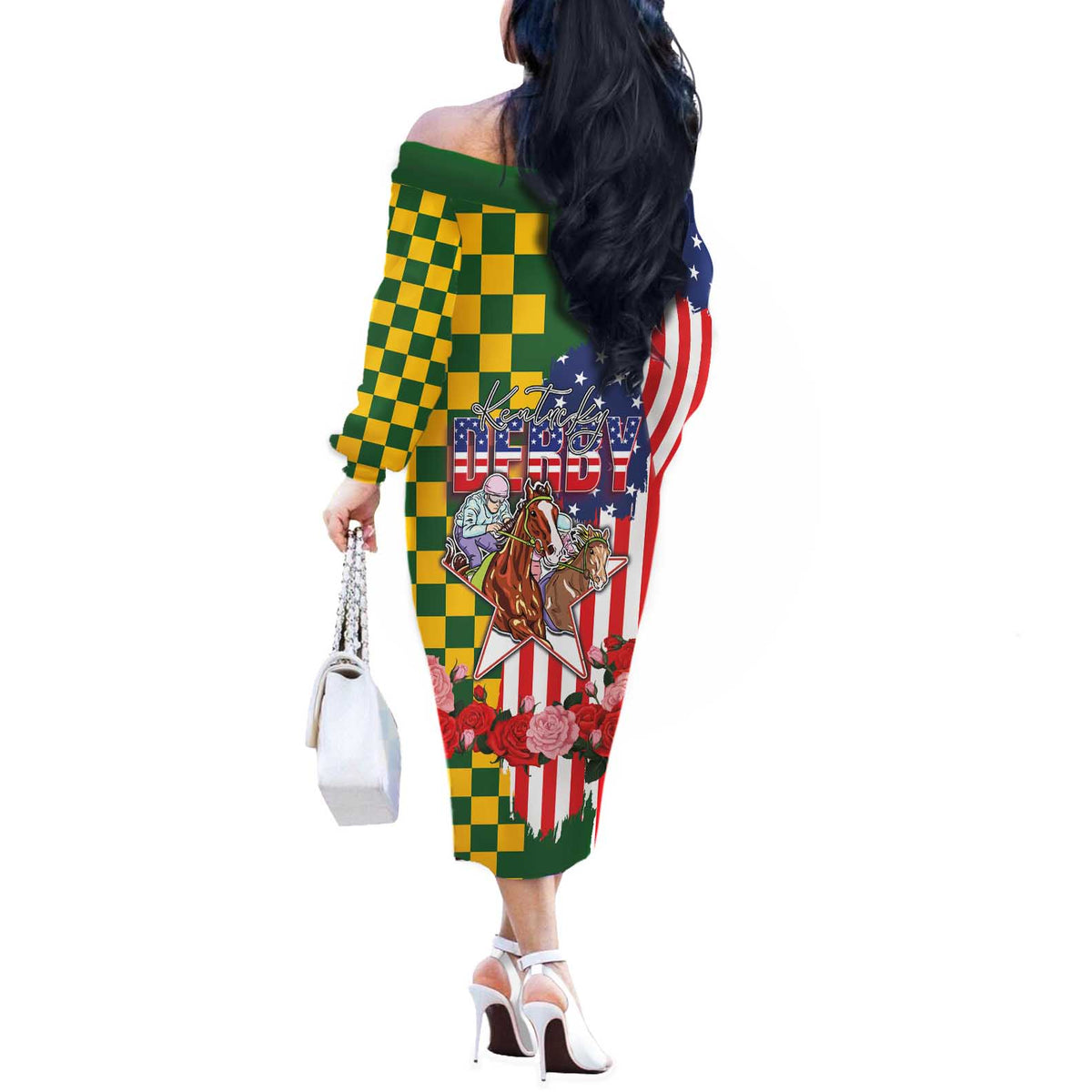 Kentucky Horses Racing Off The Shoulder Long Sleeve Dress US Flag Grunge and Check Pattern Green Color