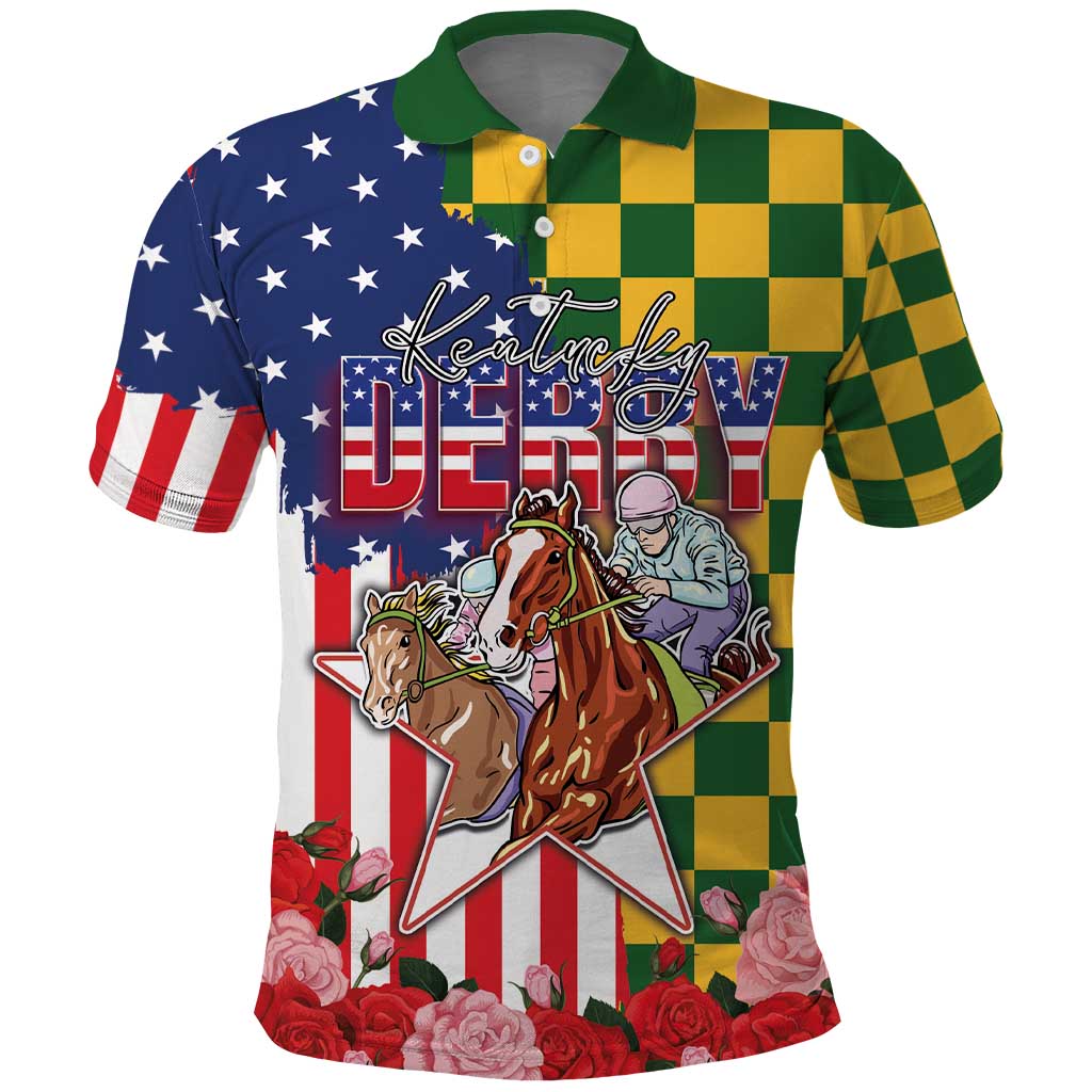 Kentucky Horses Racing Polo Shirt US Flag Grunge and Check Pattern Green Color