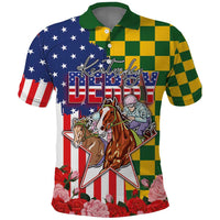 Kentucky Horses Racing Polo Shirt US Flag Grunge and Check Pattern Green Color