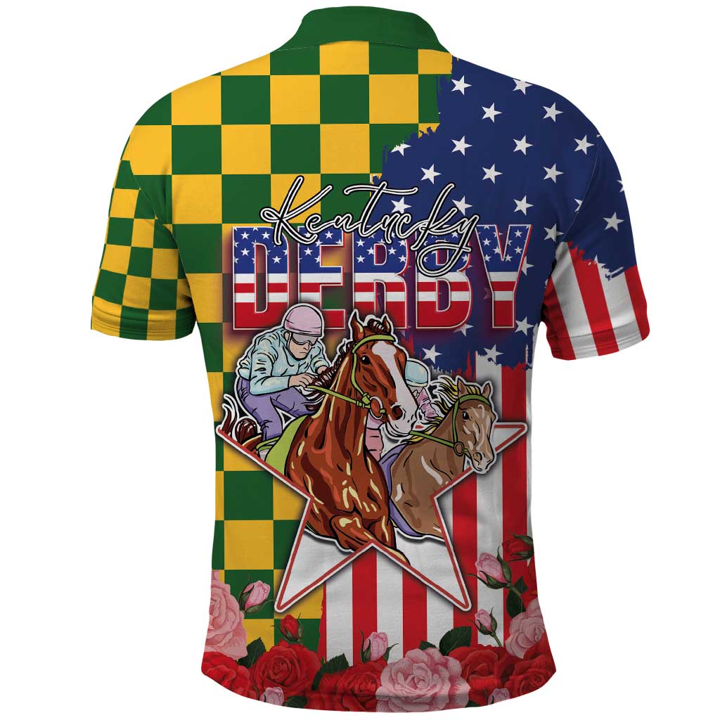 Kentucky Horses Racing Polo Shirt US Flag Grunge and Check Pattern Green Color