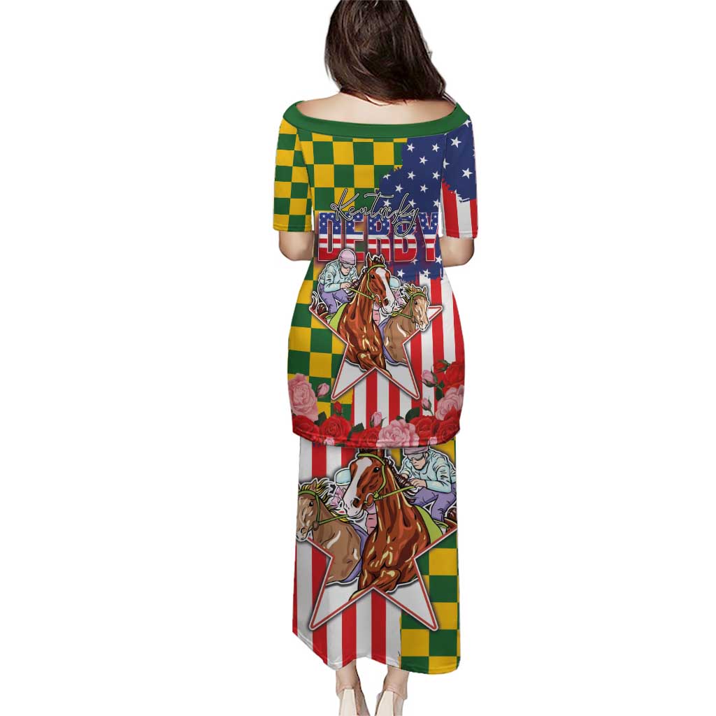 Kentucky Horses Racing Puletasi US Flag Grunge and Check Pattern Green Color