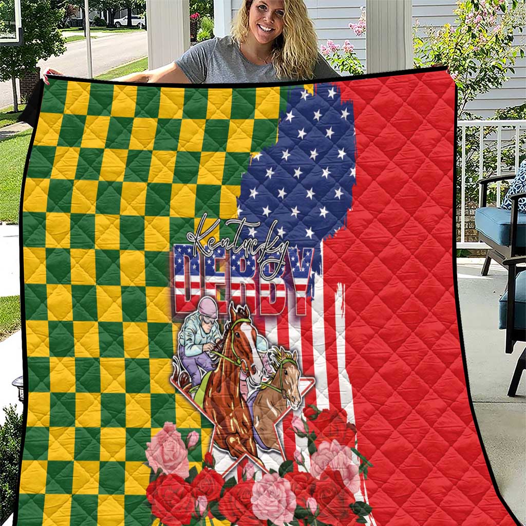 Kentucky Horses Racing Quilt US Flag Grunge and Check Pattern Green Color