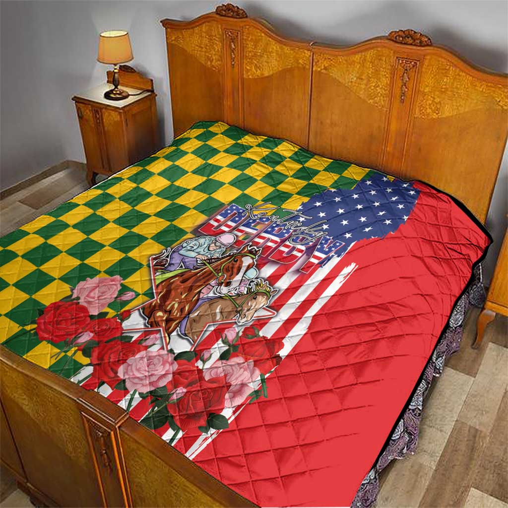 Kentucky Horses Racing Quilt US Flag Grunge and Check Pattern Green Color