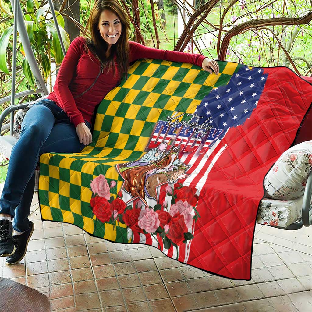 Kentucky Horses Racing Quilt US Flag Grunge and Check Pattern Green Color