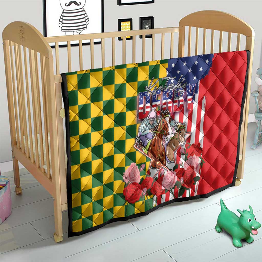 Kentucky Horses Racing Quilt US Flag Grunge and Check Pattern Green Color