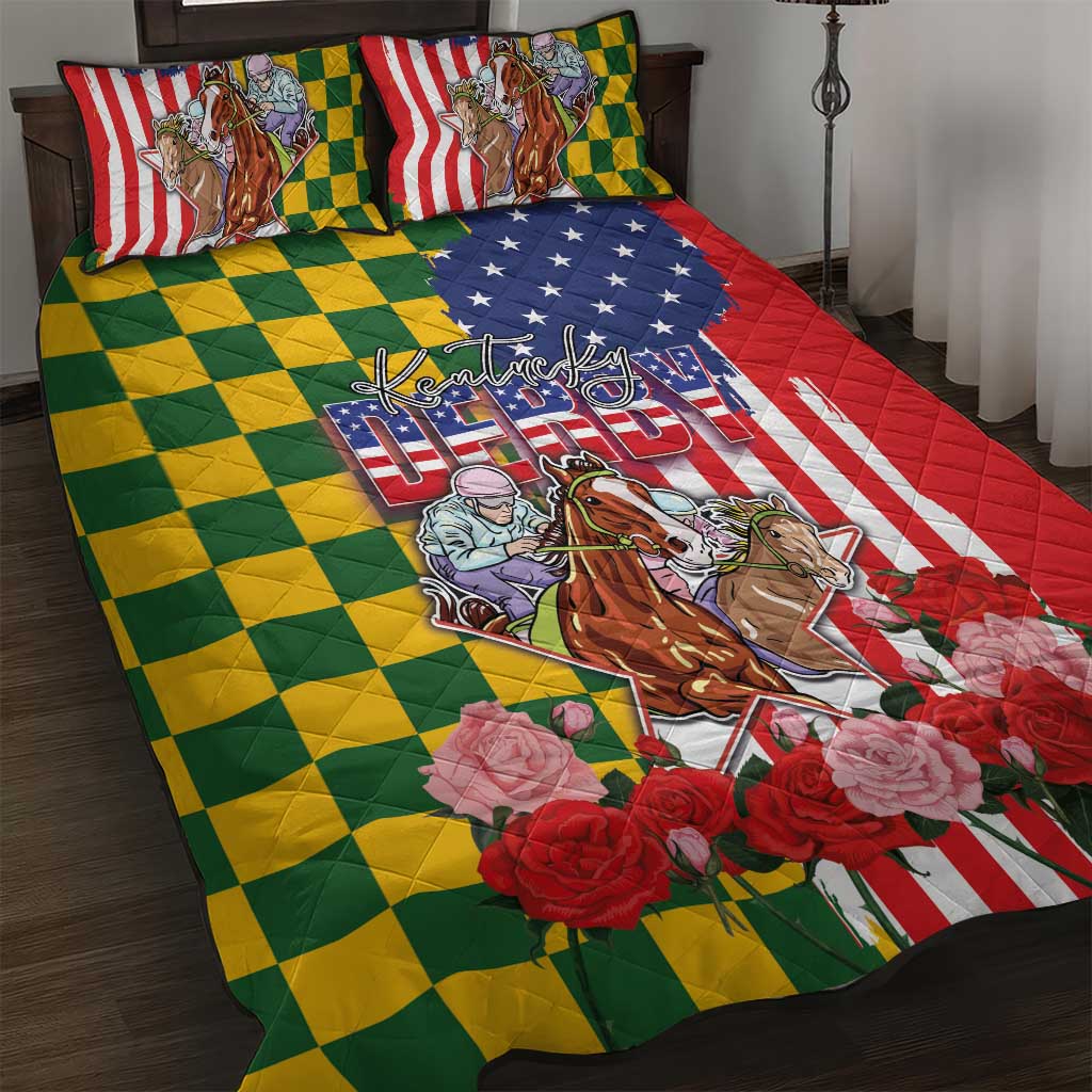 Kentucky Horses Racing Quilt Bed Set US Flag Grunge and Check Pattern Green Color