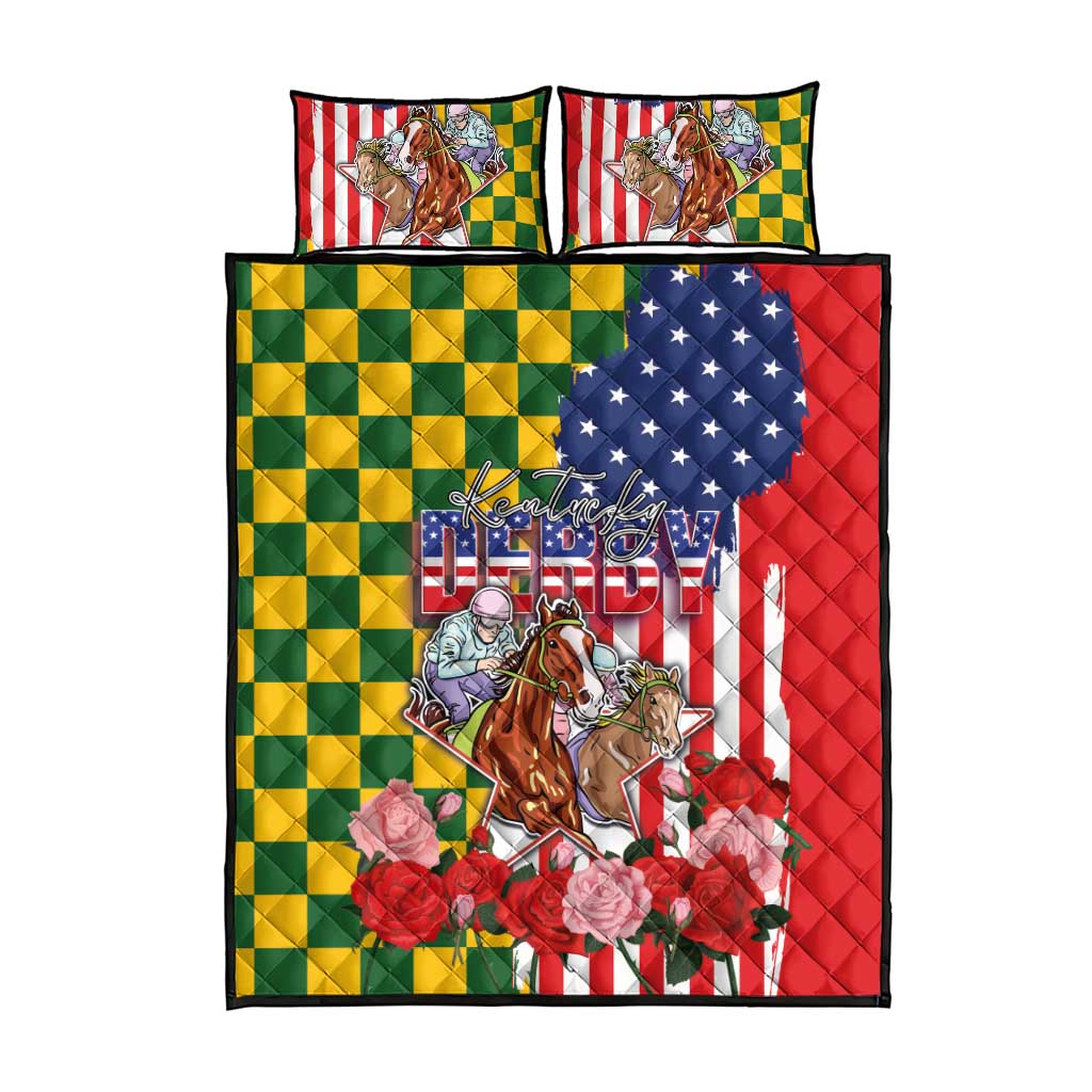 Kentucky Horses Racing Quilt Bed Set US Flag Grunge and Check Pattern Green Color