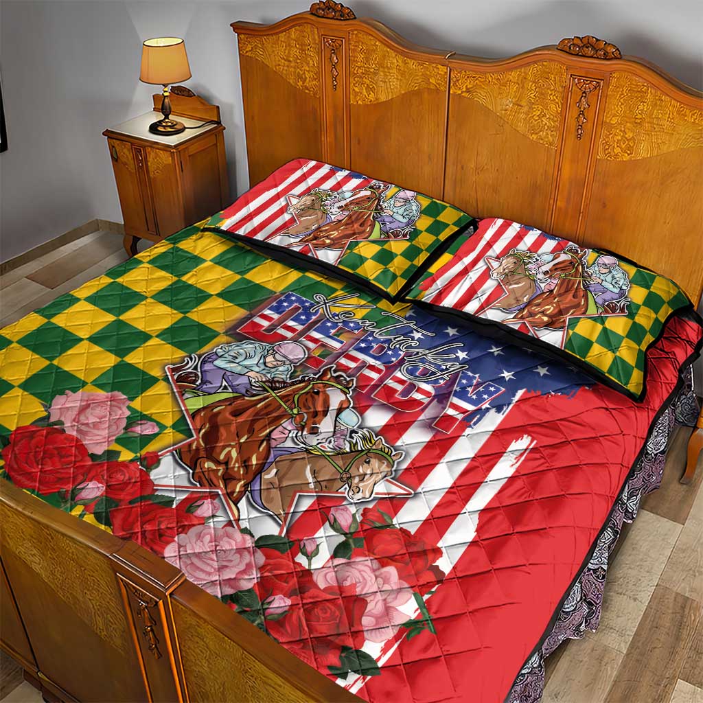Kentucky Horses Racing Quilt Bed Set US Flag Grunge and Check Pattern Green Color