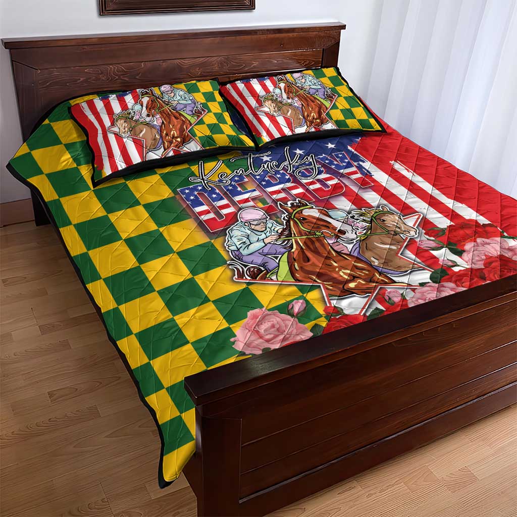 Kentucky Horses Racing Quilt Bed Set US Flag Grunge and Check Pattern Green Color