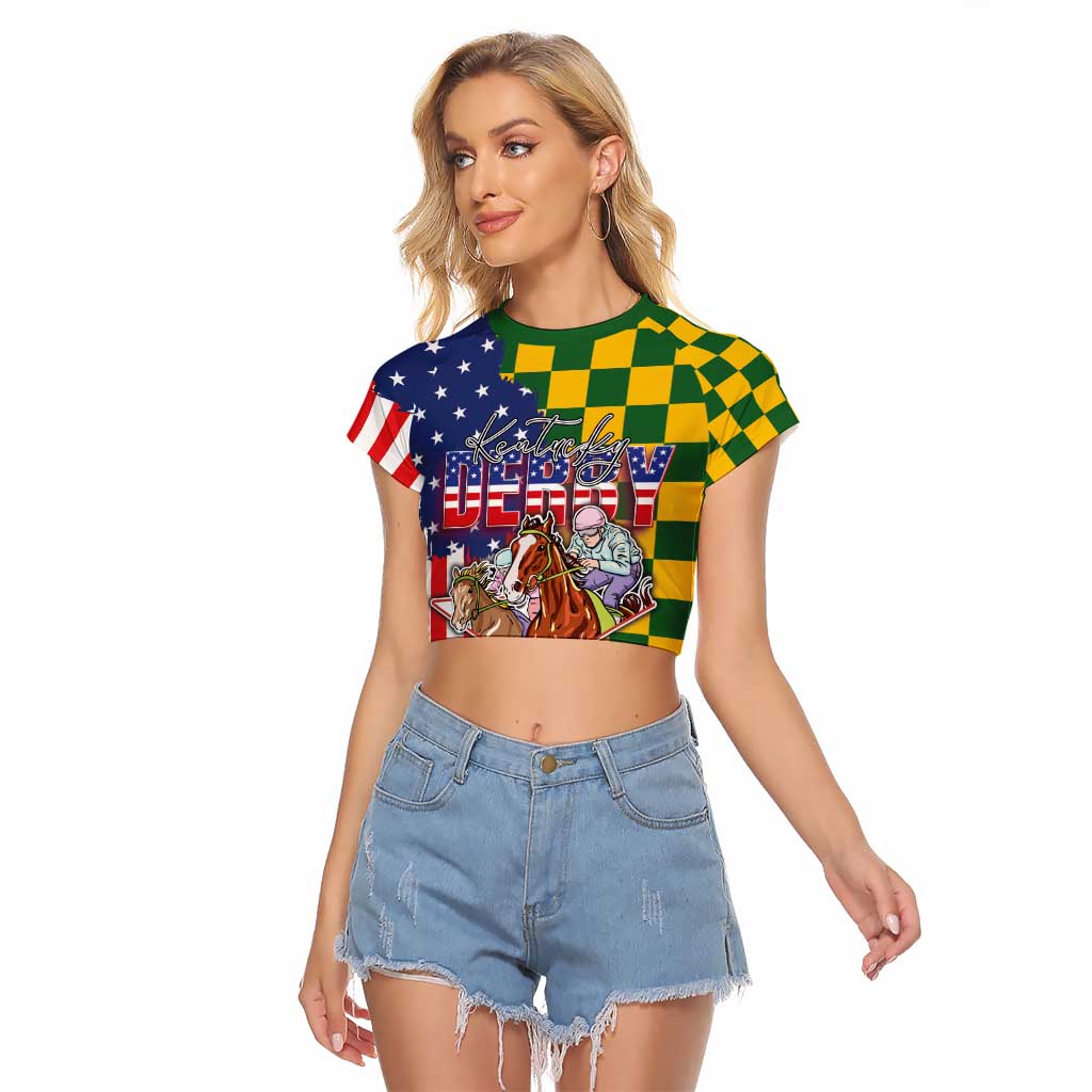 Kentucky Horses Racing Raglan Cropped T Shirt US Flag Grunge and Check Pattern Green Color