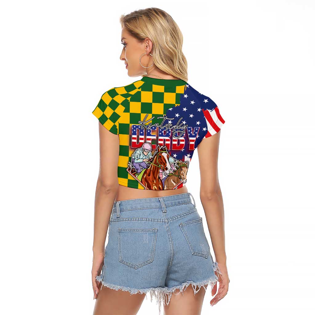 Kentucky Horses Racing Raglan Cropped T Shirt US Flag Grunge and Check Pattern Green Color