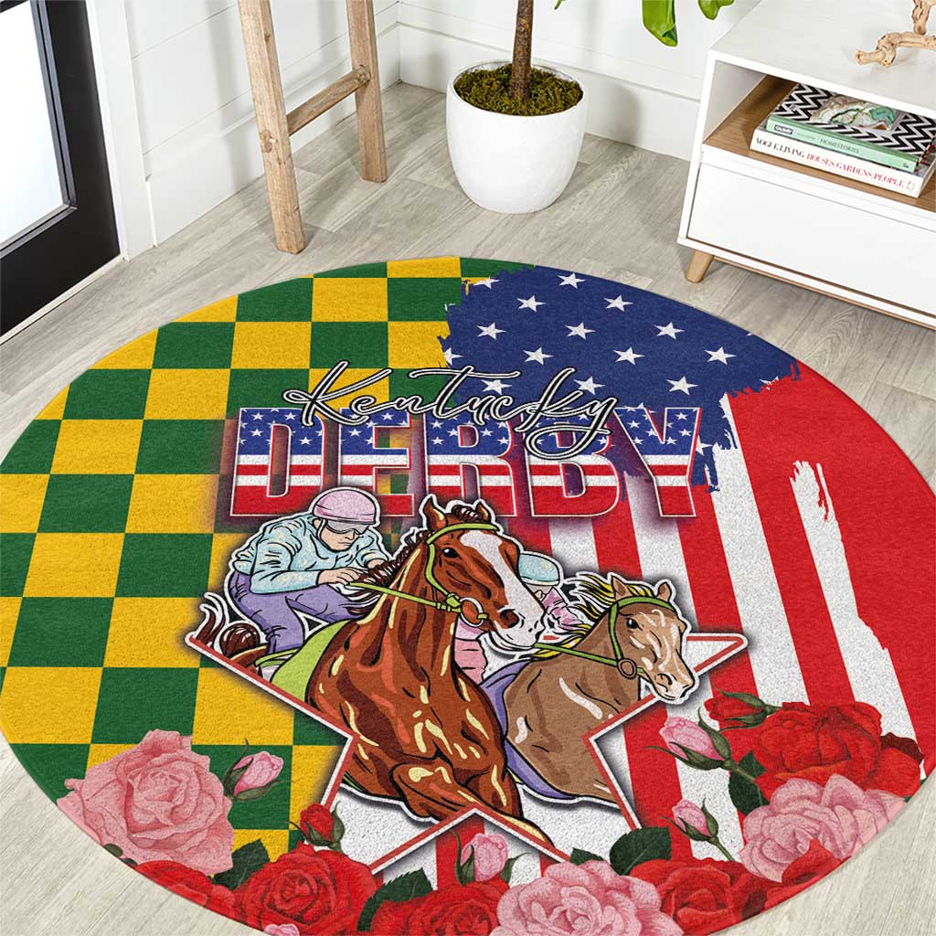 Kentucky Horses Racing Round Carpet US Flag Grunge and Check Pattern Green Color