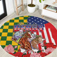 Kentucky Horses Racing Round Carpet US Flag Grunge and Check Pattern Green Color