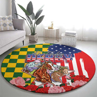 Kentucky Horses Racing Round Carpet US Flag Grunge and Check Pattern Green Color