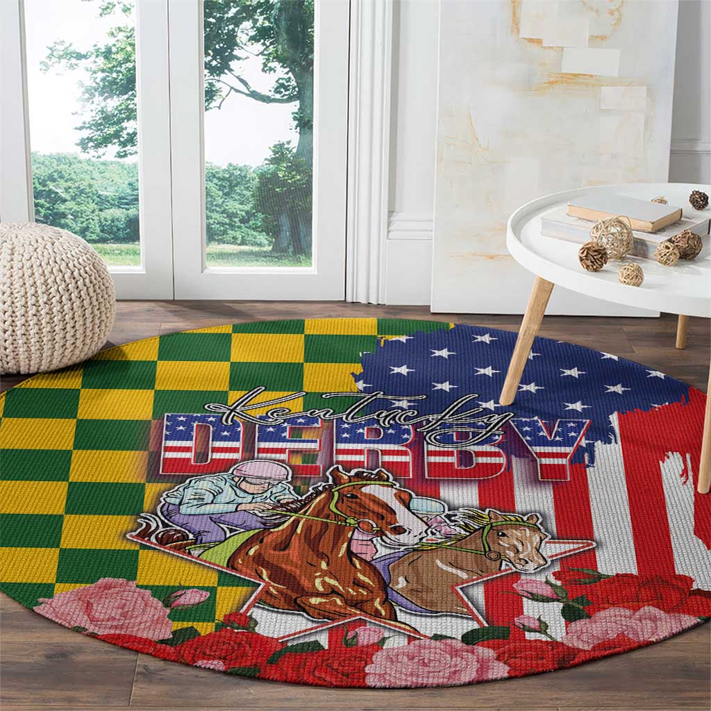 Kentucky Horses Racing Round Carpet US Flag Grunge and Check Pattern Green Color