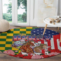 Kentucky Horses Racing Round Carpet US Flag Grunge and Check Pattern Green Color