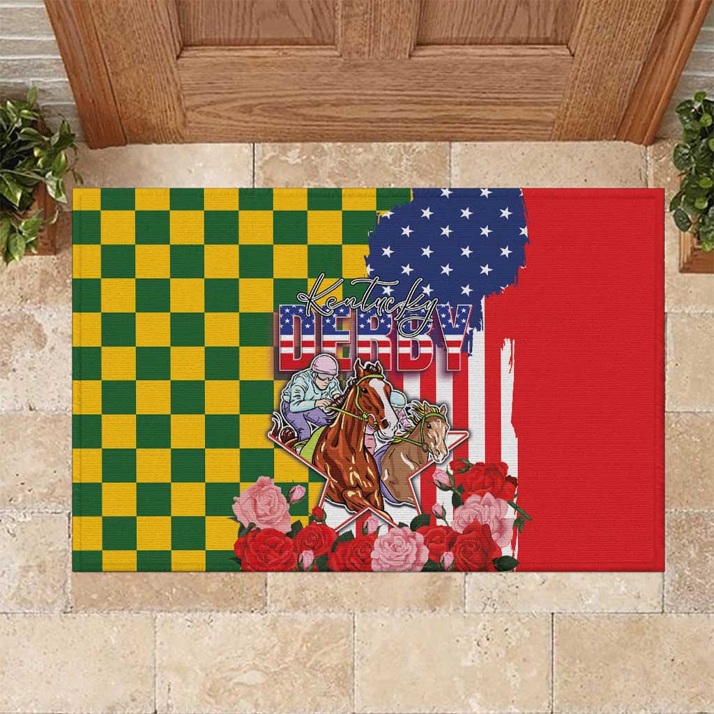 Kentucky Horses Racing Rubber Doormat US Flag Grunge and Check Pattern Green Color