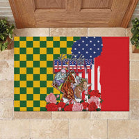 Kentucky Horses Racing Rubber Doormat US Flag Grunge and Check Pattern Green Color