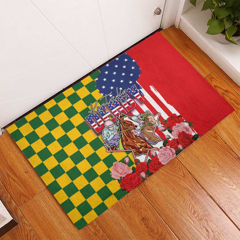 Kentucky Horses Racing Rubber Doormat US Flag Grunge and Check Pattern Green Color