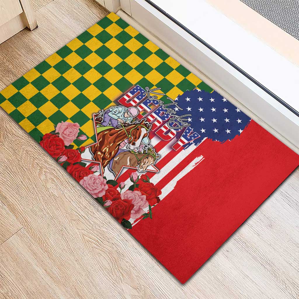 Kentucky Horses Racing Rubber Doormat US Flag Grunge and Check Pattern Green Color