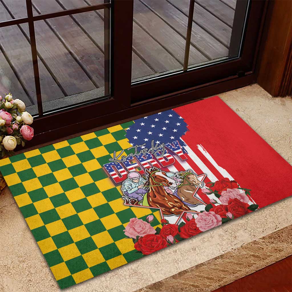Kentucky Horses Racing Rubber Doormat US Flag Grunge and Check Pattern Green Color