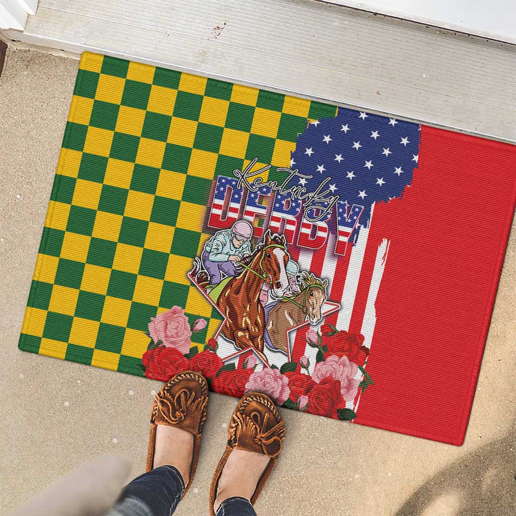 Kentucky Horses Racing Rubber Doormat US Flag Grunge and Check Pattern Green Color