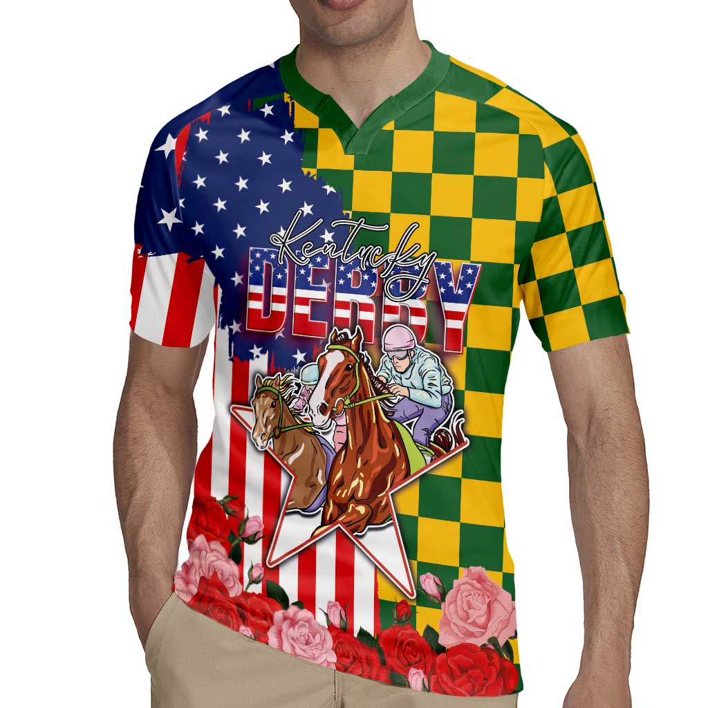 Kentucky Horses Racing Rugby Jersey US Flag Grunge and Check Pattern Green Color