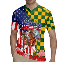 Kentucky Horses Racing Rugby Jersey US Flag Grunge and Check Pattern Green Color