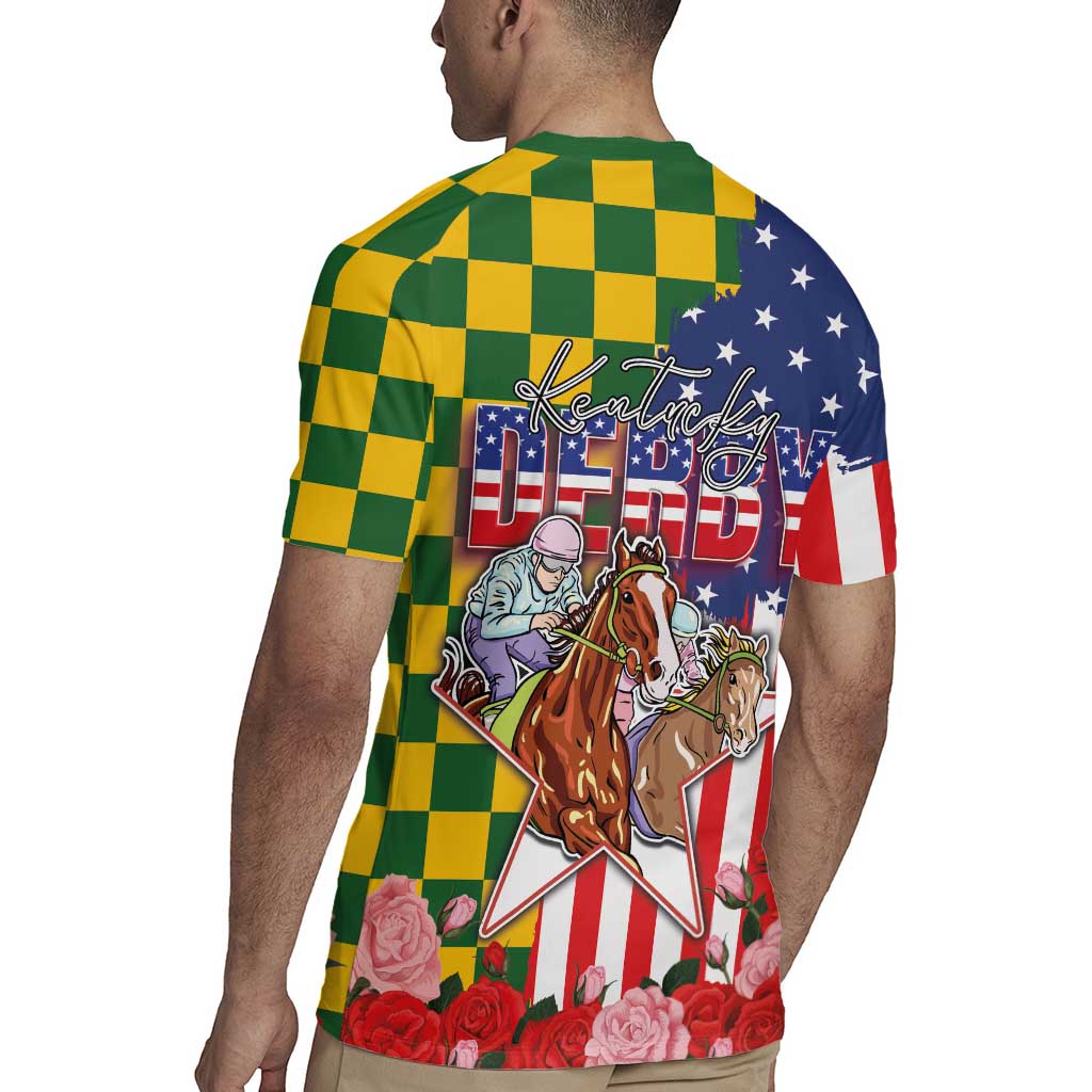 Kentucky Horses Racing Rugby Jersey US Flag Grunge and Check Pattern Green Color