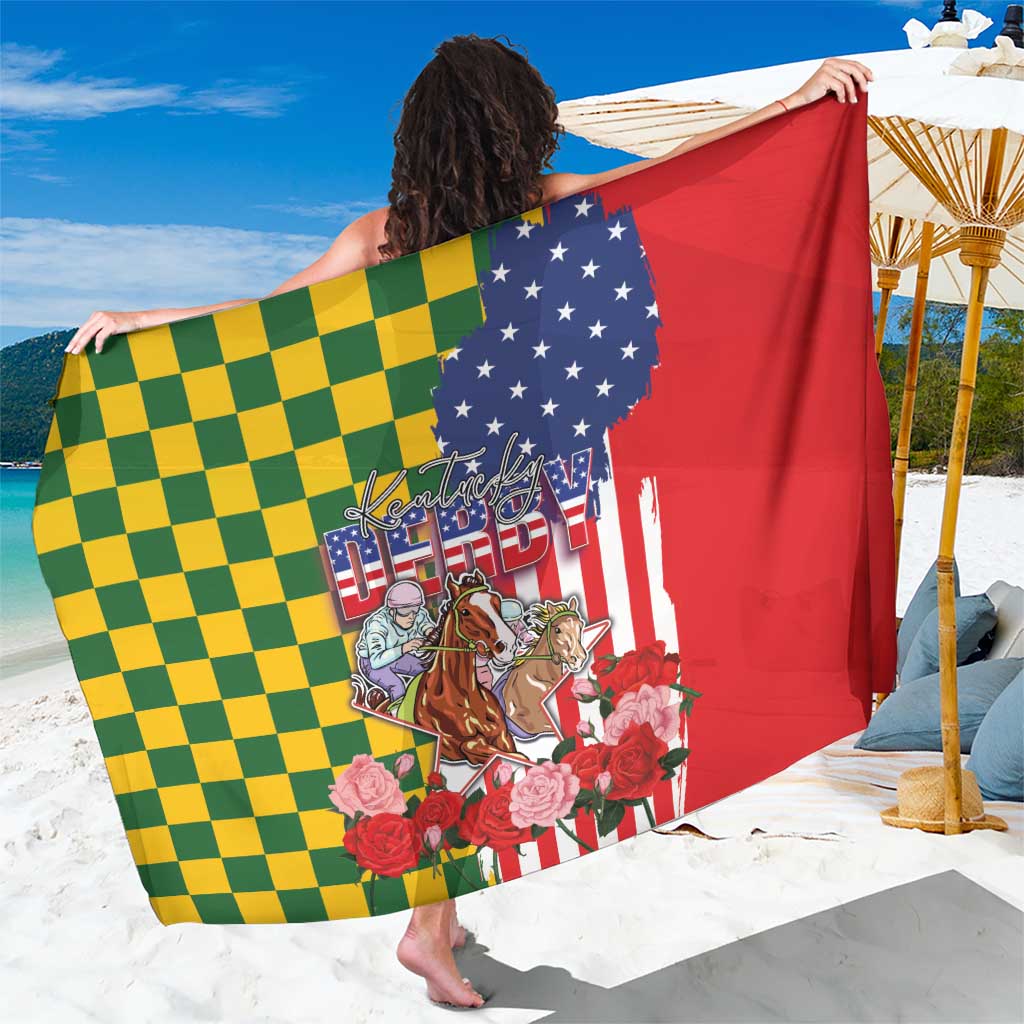 Kentucky Horses Racing Sarong US Flag Grunge and Check Pattern Green Color