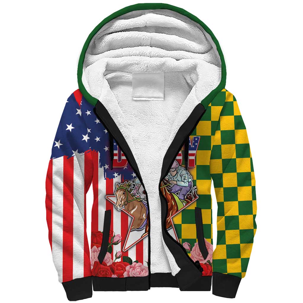 Kentucky Horses Racing Sherpa Hoodie US Flag Grunge and Check Pattern Green Color