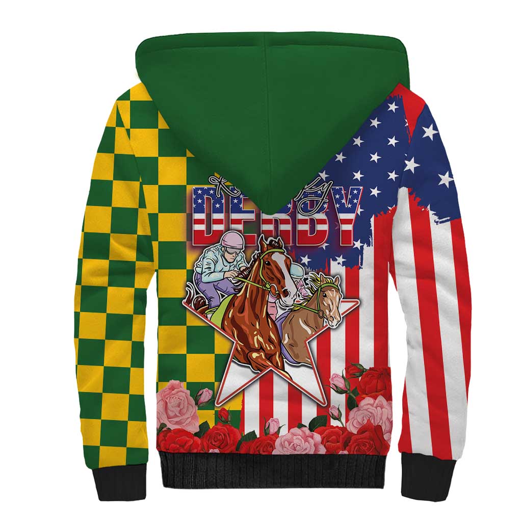 Kentucky Horses Racing Sherpa Hoodie US Flag Grunge and Check Pattern Green Color