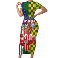 Kentucky Horses Racing Short Sleeve Bodycon Dress US Flag Grunge and Check Pattern Green Color