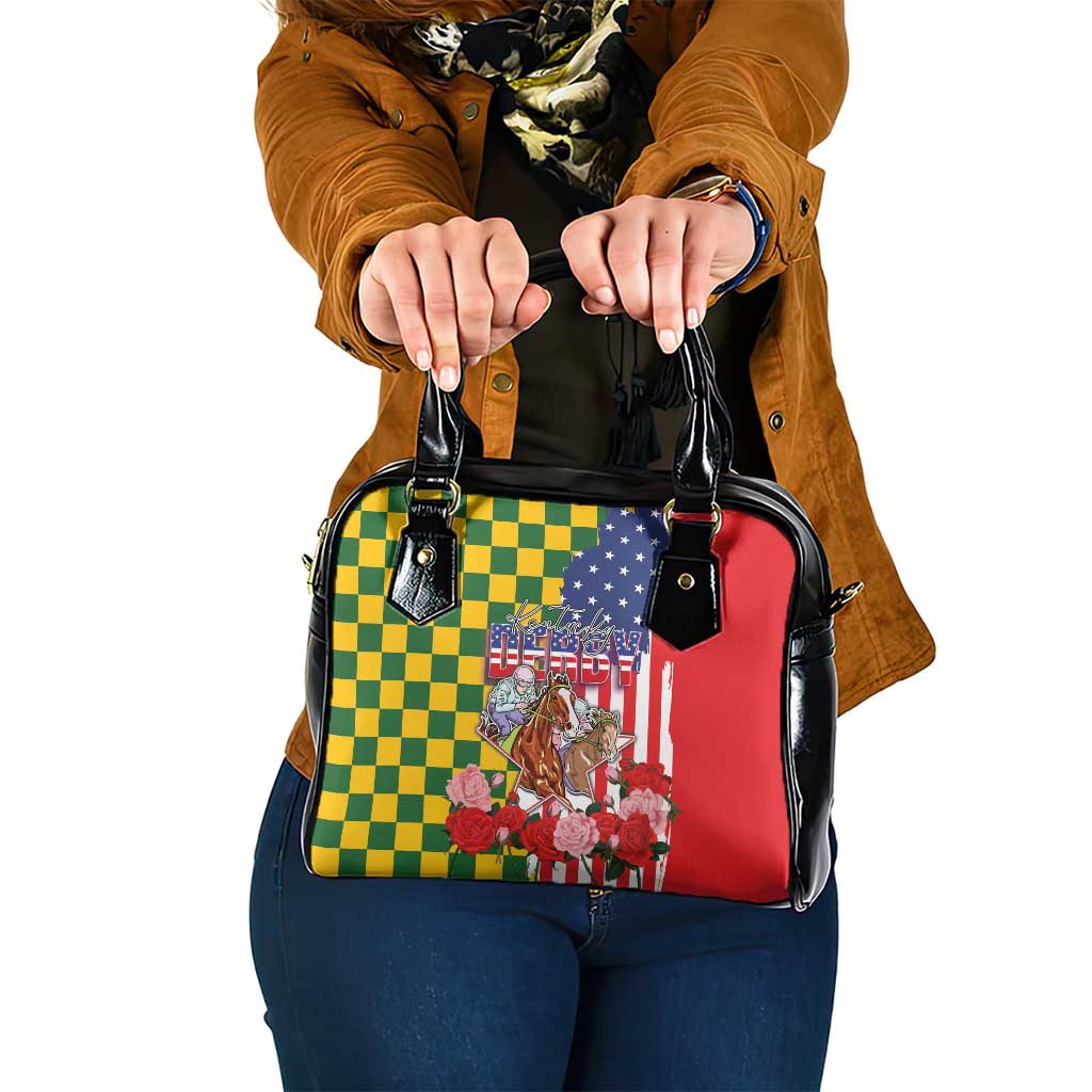 Kentucky Horses Racing Shoulder Handbag US Flag Grunge and Check Pattern Green Color
