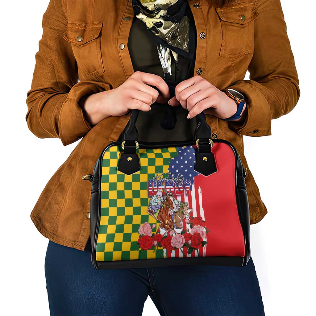 Kentucky Horses Racing Shoulder Handbag US Flag Grunge and Check Pattern Green Color