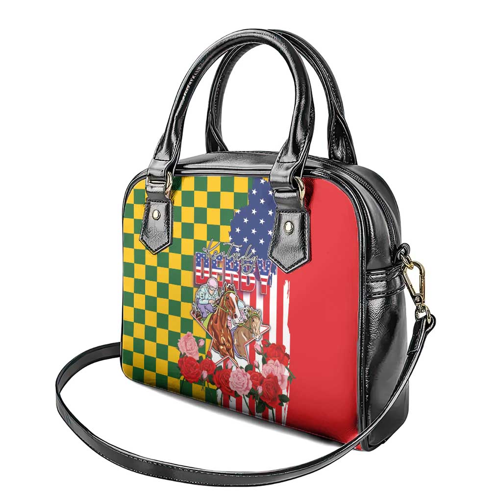 Kentucky Horses Racing Shoulder Handbag US Flag Grunge and Check Pattern Green Color
