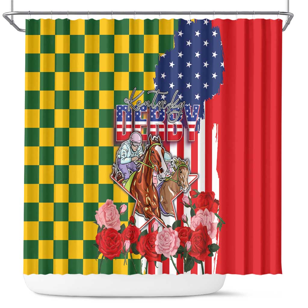 Kentucky Horses Racing Shower Curtain US Flag Grunge and Check Pattern Green Color