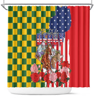 Kentucky Horses Racing Shower Curtain US Flag Grunge and Check Pattern Green Color