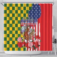 Kentucky Horses Racing Shower Curtain US Flag Grunge and Check Pattern Green Color