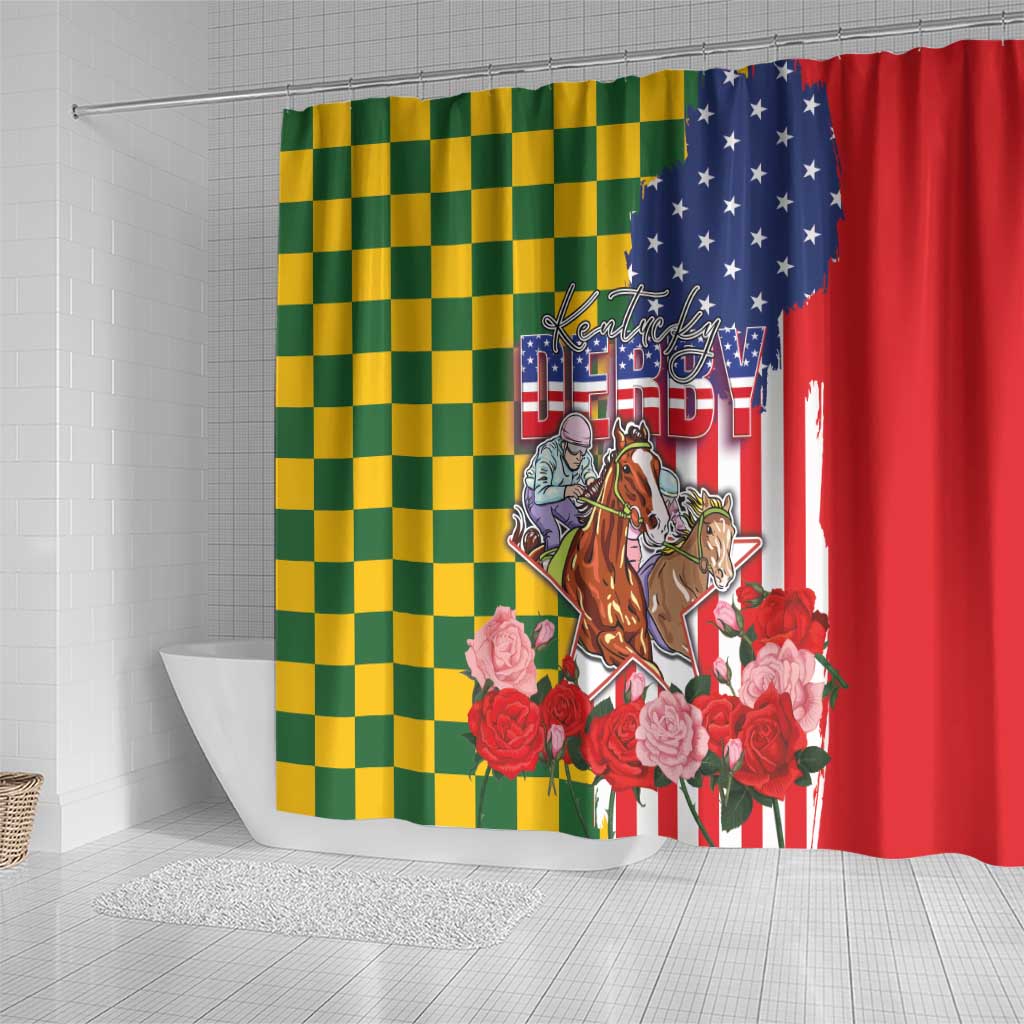 Kentucky Horses Racing Shower Curtain US Flag Grunge and Check Pattern Green Color