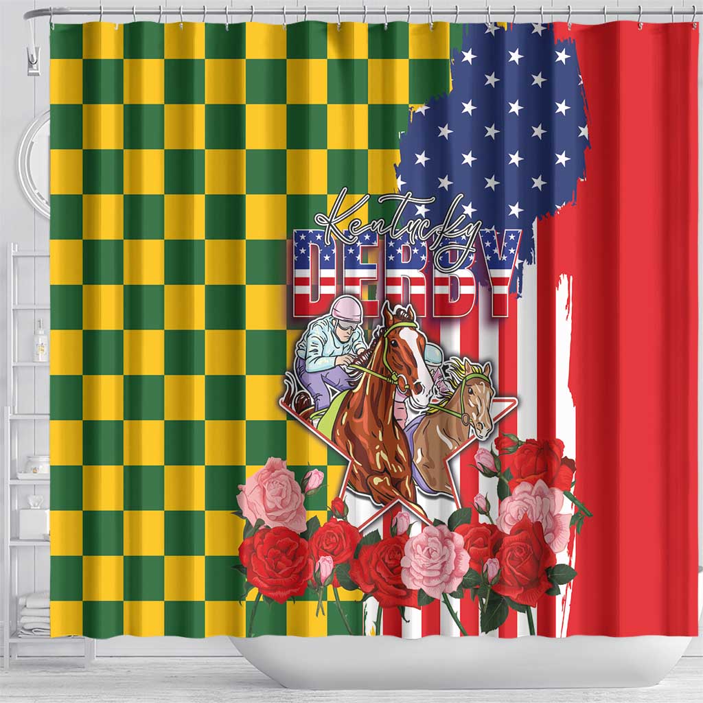 Kentucky Horses Racing Shower Curtain US Flag Grunge and Check Pattern Green Color