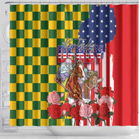 Kentucky Horses Racing Shower Curtain US Flag Grunge and Check Pattern Green Color