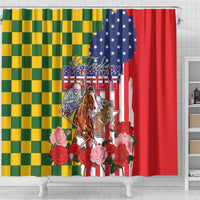 Kentucky Horses Racing Shower Curtain US Flag Grunge and Check Pattern Green Color