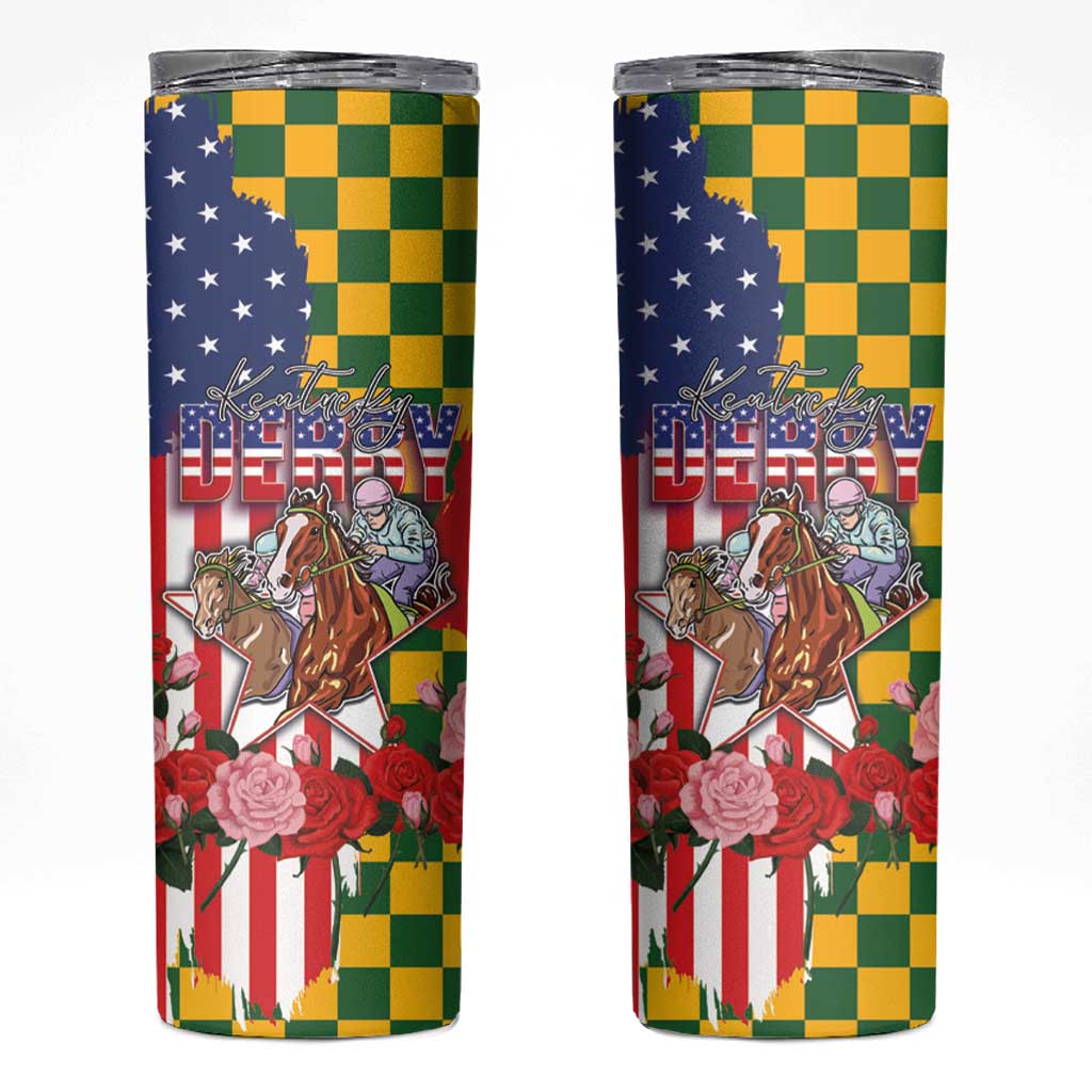 Kentucky Horses Racing Skinny Tumbler US Flag Grunge and Check Pattern Green Color
