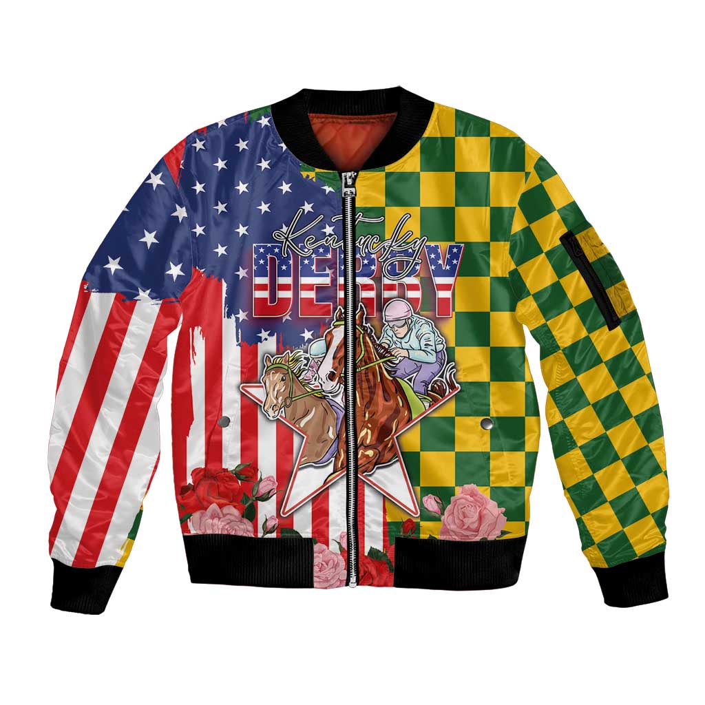 Kentucky Horses Racing Sleeve Zip Bomber Jacket US Flag Grunge and Check Pattern Green Color